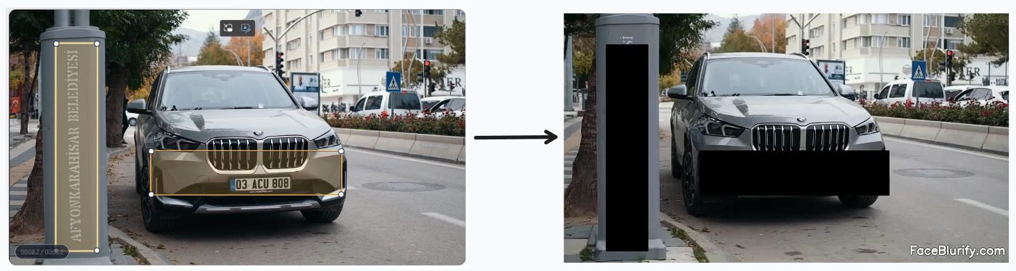 Manual rectangular zones over a car's plate area and a roadside sign, with the masked result alongside