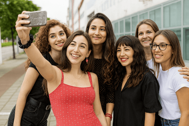 A group of friends, with an interactive example of face blurring